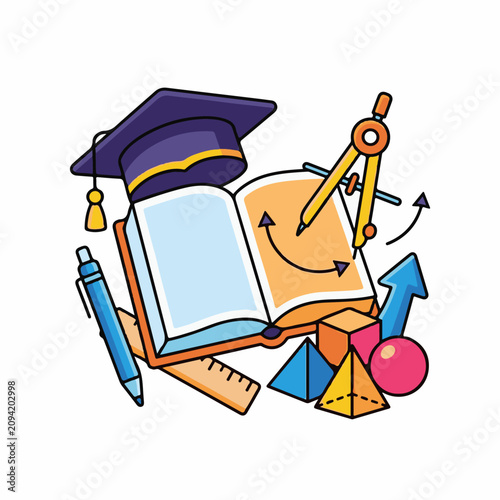 Education symbols graduation cap open book compass ruler pen geometric shapes