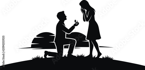 Photos Romantic Marriage Proposal Silhouette Vector Illustration with Man Proposing to Woman on One Knee with an Engagement Ring Outdoor Scenery for Wedding and Relationship Concept Designs