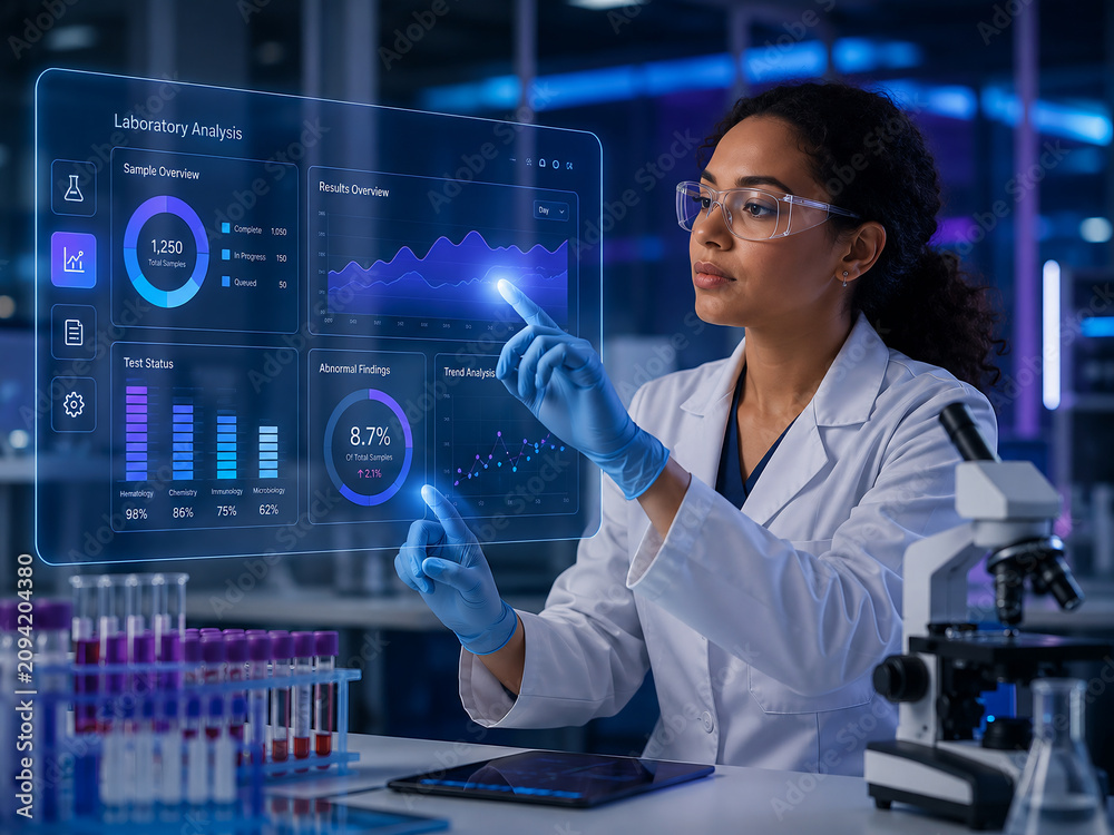Scientist analyzing digital data on holographic interface in laboratory