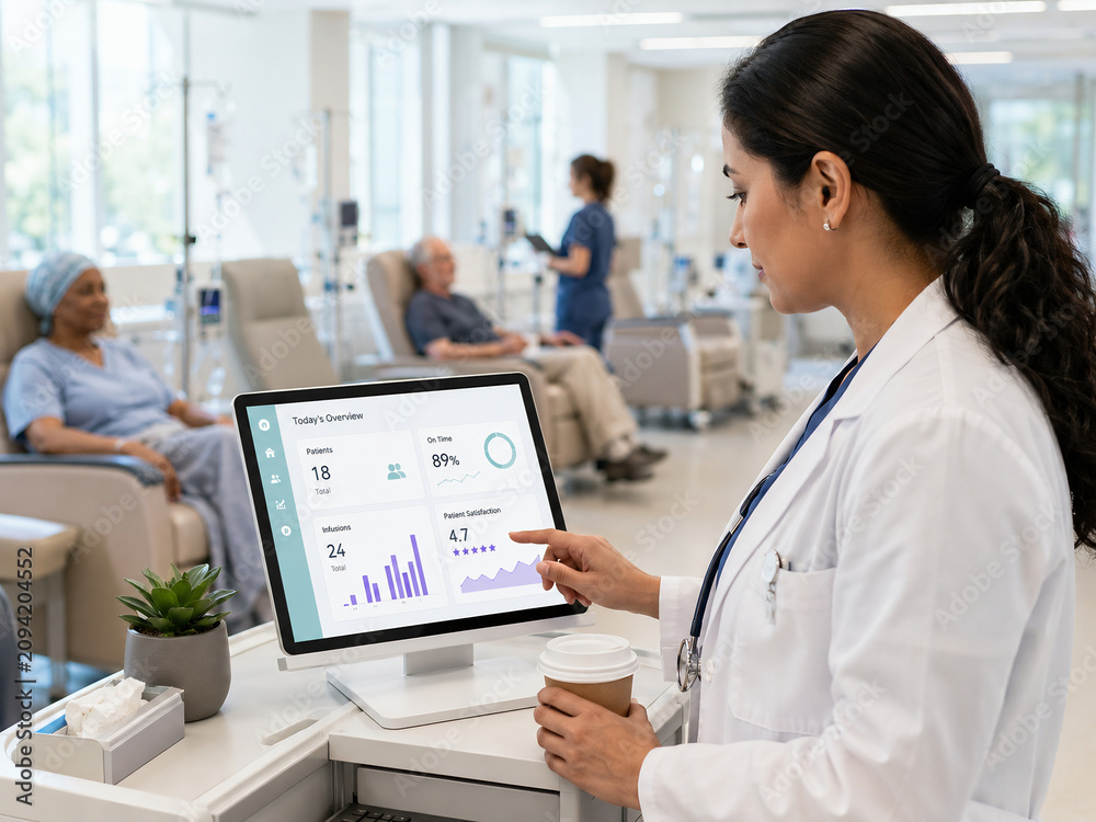 Doctor checking patient data on digital tablet in modern hospital infusion clinic