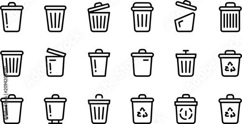 Foto Waste management trash can and eco recycling basket line icon set vector illustr