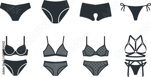 Konstfotografi Collection of Women's Lingerie Icons and Underwear Vector Illustration Set featuring Bra, Panties, Briefs, Thongs, and Sexy Strappy Harness Sets for Fashion Design and Web Graphics