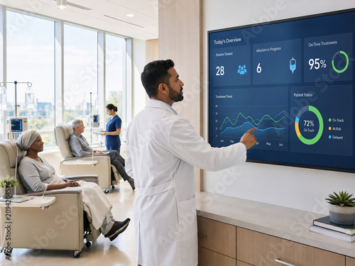 Doctor reviewing patient treatment progress on a digital dashboard in a modern oncology clinic