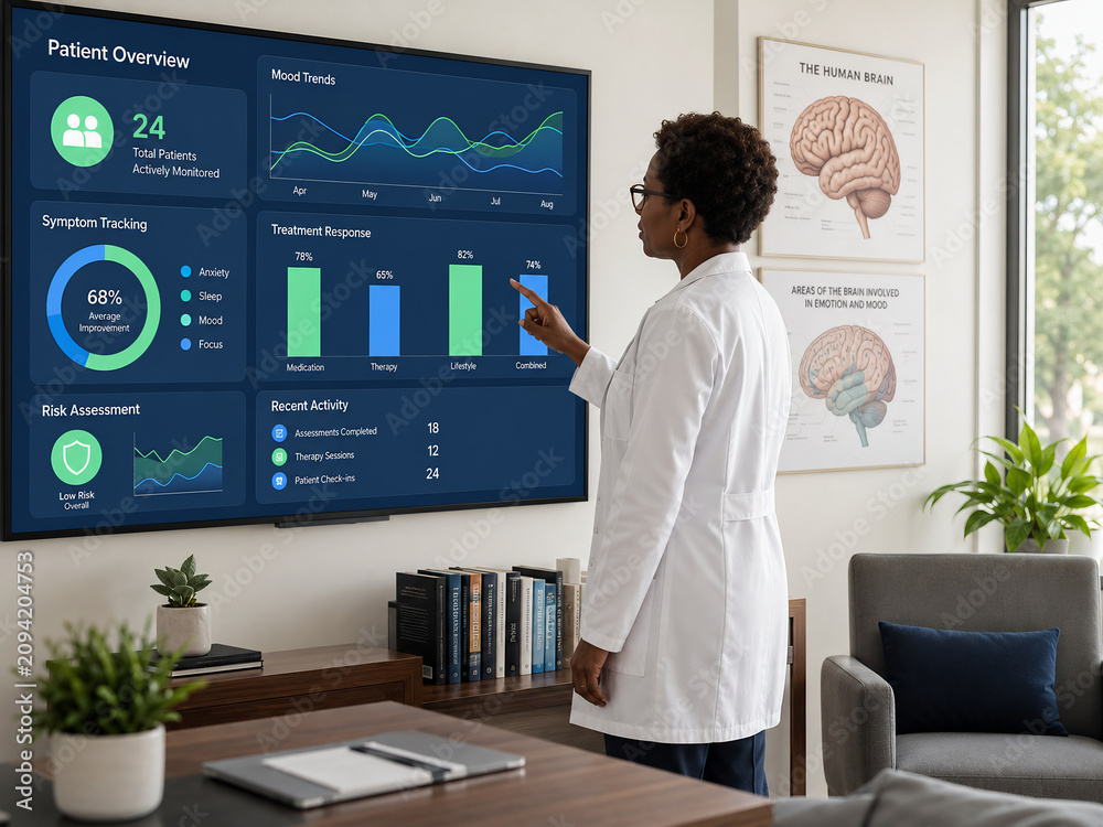 Doctor analyzing patient health data on a digital screen in a medical office