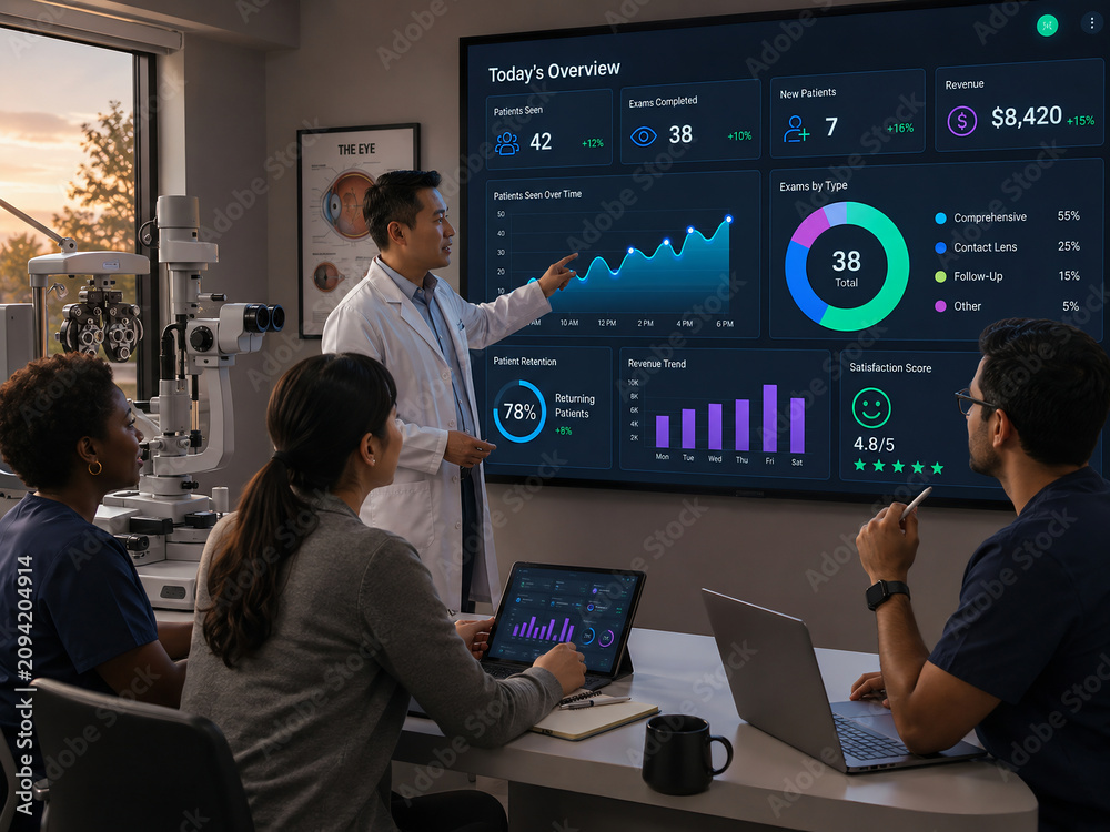 Medical team analyzing optometry data on a digital dashboard