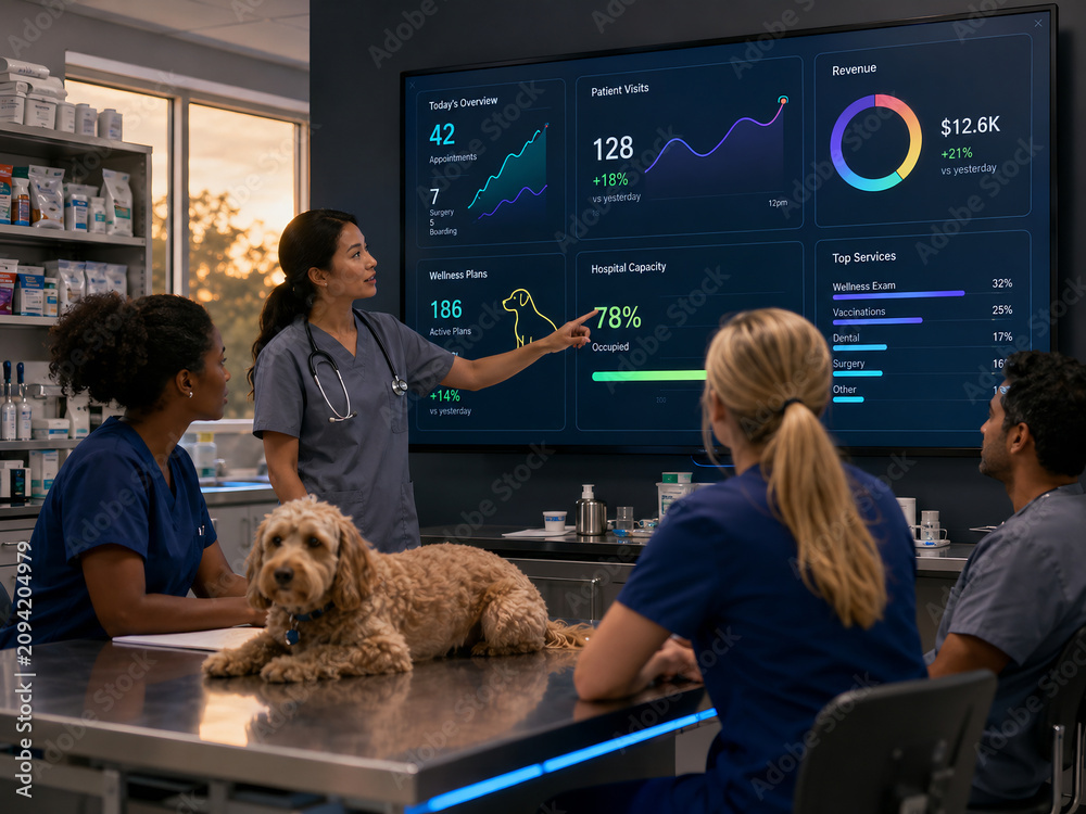 Veterinary team discussing animal hospital metrics on a digital screen