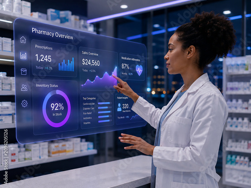 Pharmacist interacting with futuristic holographic pharmacy data dashboard
