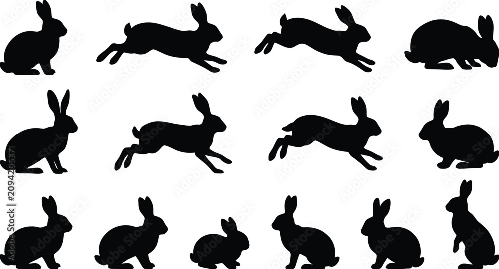 Fototapeta premium Collection of black rabbit silhouettes in various poses on a white background, bunny