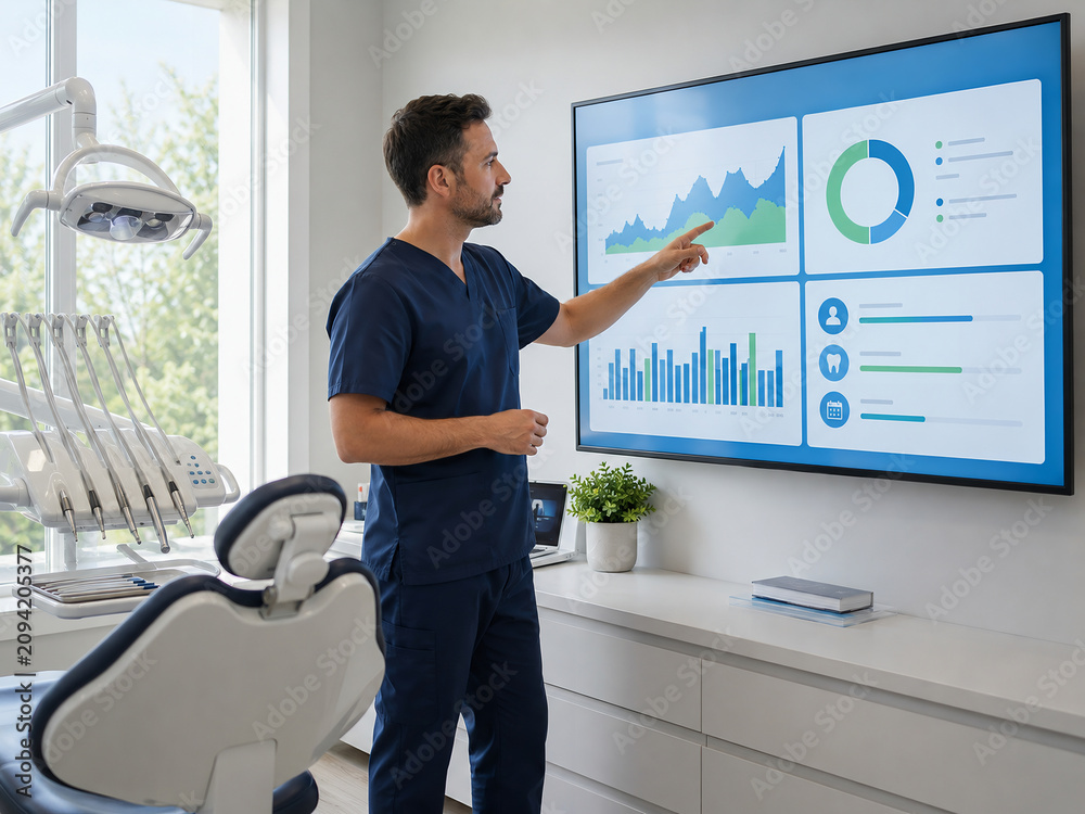 Dentist analyzing dental practice data on a large digital screen in the clinic