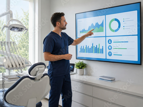 Dentist analyzing dental practice data on a large digital screen in the clinic
