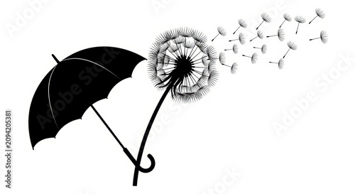 Black umbrella with dandelion seeds blowing away.