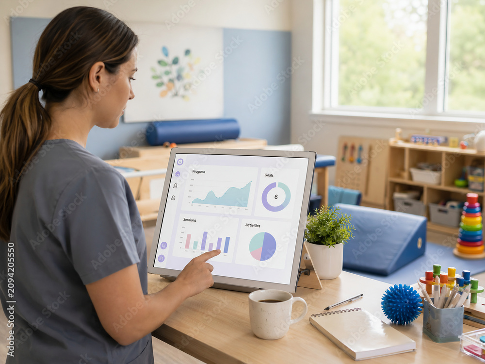 Therapist reviewing patient progress dashboard on a tablet in a pediatric therapy clinic