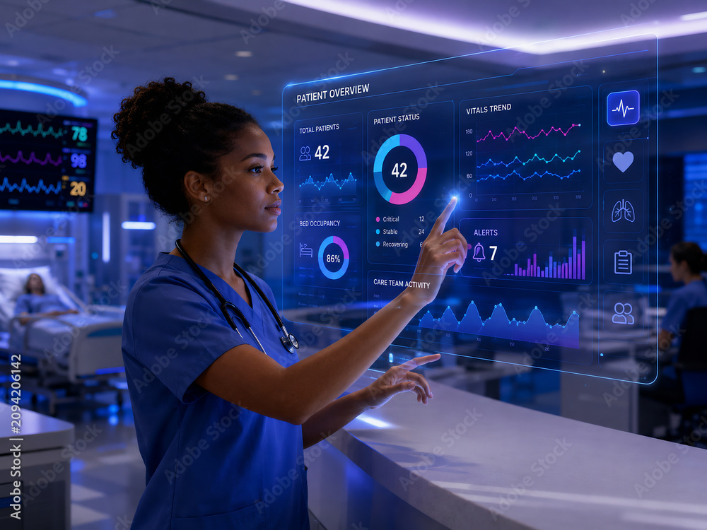 Nurse interacting with a futuristic digital patient monitoring dashboard in a high-tech hospital