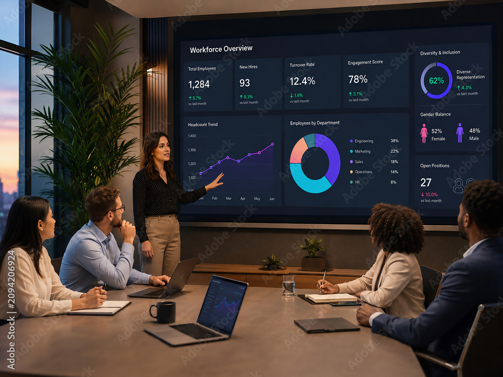 Business professional presenting workforce analytics and human resources data in a modern office meeting