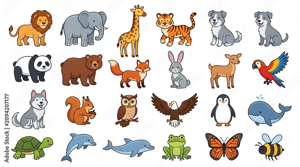 Fototapeta premium Cartoon wildlife collection including forest deer, safari animals, and marine life for educational nature illustrations and kids sticker designs