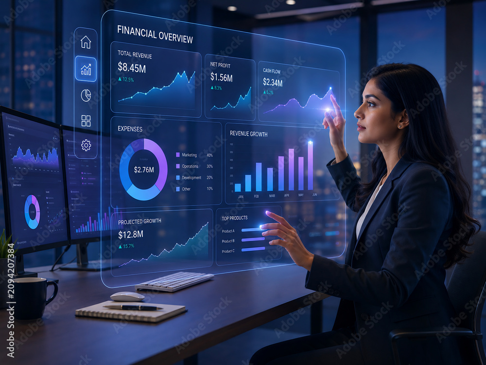 Businesswoman interacting with futuristic digital financial analytics dashboard