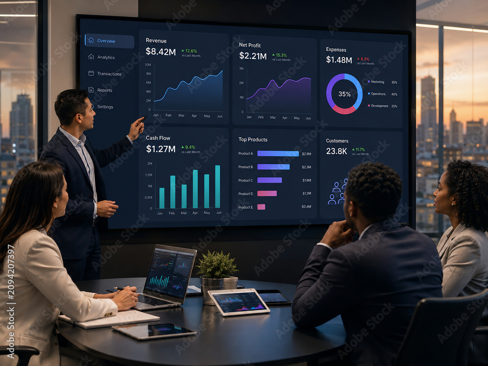 Business team analyzing financial data on large screen dashboard in modern office
