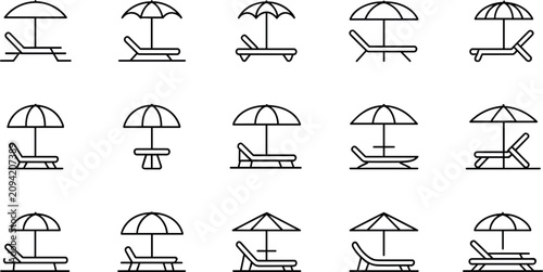 Photos Summer beach umbrella and lounge chair line icon set vector illustration featuri