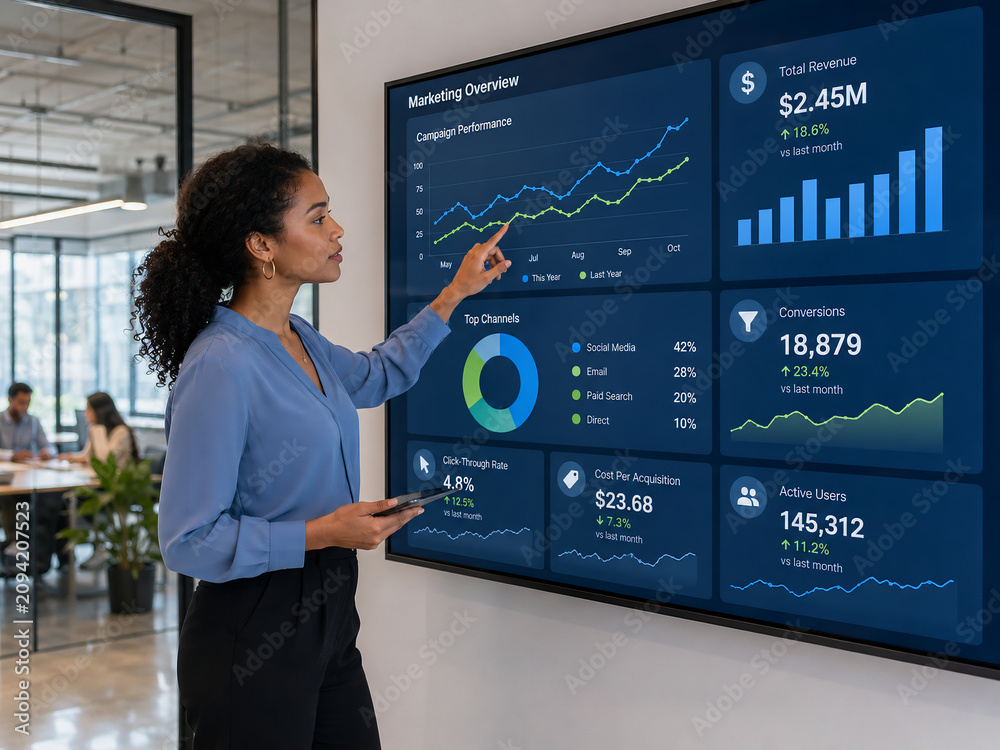 Businesswoman pointing at digital marketing dashboard on large screen in modern office