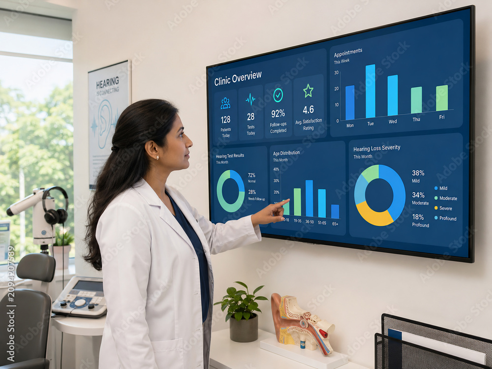 Audiologist reviewing clinic patient data on a large digital screen