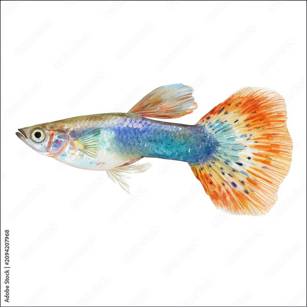 Fototapeta premium Vibrant Colorful Guppy Fish Isolated On A Clean White Background