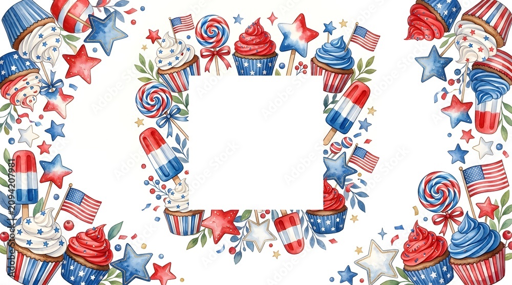 Obraz premium Watercolor patriotic 4th of july frame with cupcakes and sweets