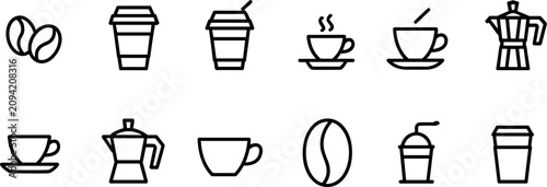 Obraz na plátně Coffee shop cafe beverage brewing line icon set vector illustration featuring ar
