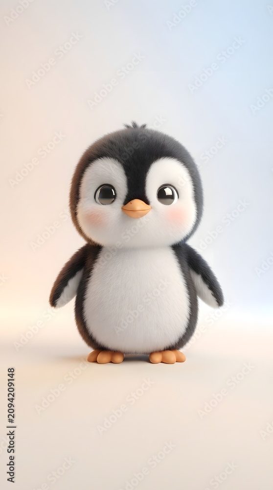 Obraz premium Cute Baby Penguin Character with Big Eyes on Soft Pastel Background for Nursery Design, Children's Products, Winter Themes and Friendly Mascot Concepts