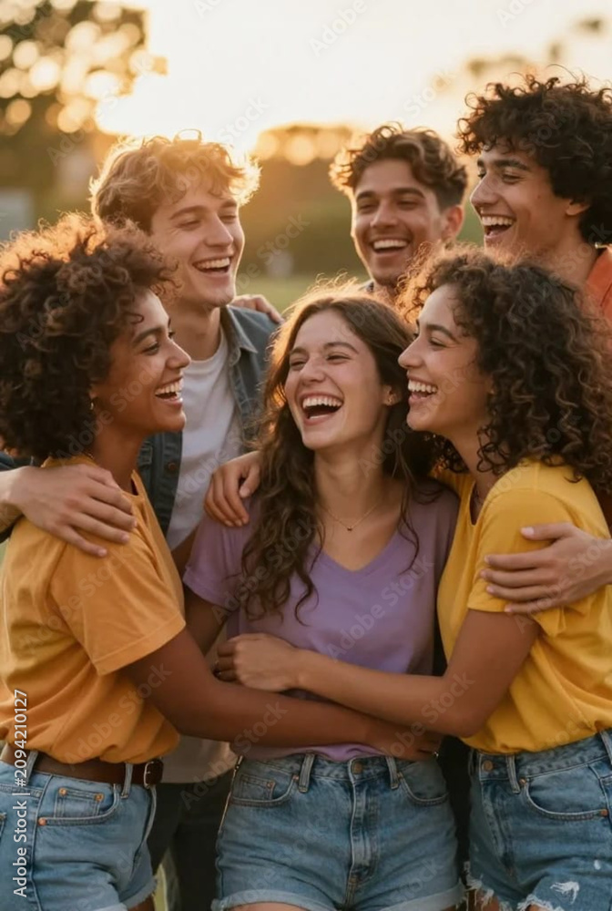 Fototapeta premium Happy diverse friends laughing and embracing together outdoors at sunset with friendship, laughing