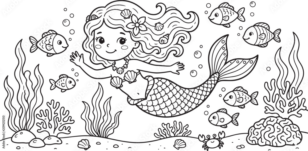 Fototapeta premium Cute cartoon mermaid swimming underwater with fish and sea plants, coloring page for kids