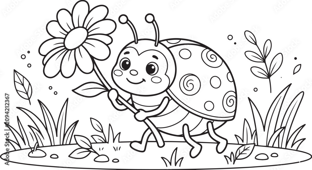 Fototapeta premium Cute cartoon ladybug holding a flower in a meadow, black and white coloring page for kids