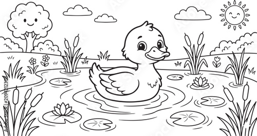Konstfotografi Cute cartoon duck swimming in a pond, coloring page for children