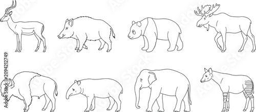 Canvas Print Minimal Line Art Collection of Wild Mammals in Side View Outline Illustration Se