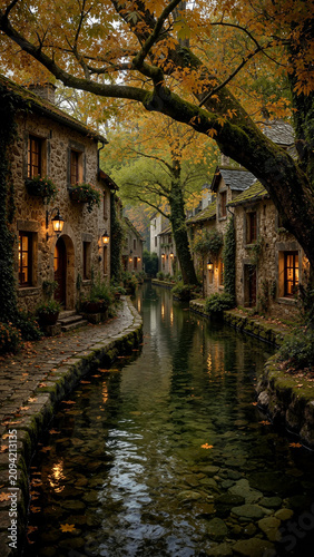Stone Houses Along Canal in Autumn Village. Cozy calm evening in medieval village along the river. Autumn landscape. 