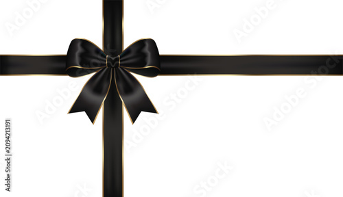 Elegant Black Ribbon and Bow with Gold Edging on White Background