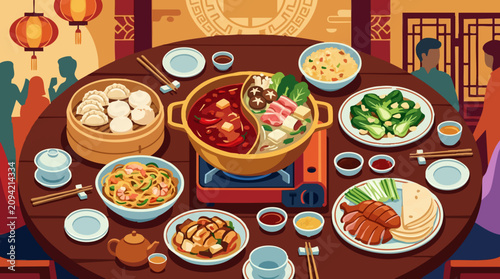 Delicious Chinese Hot Pot Dinner with Assorted Traditional Dishes Illustration