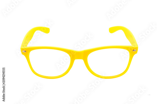 Foto yellow frame of plastic glasses without lenses is located full face on an isolat