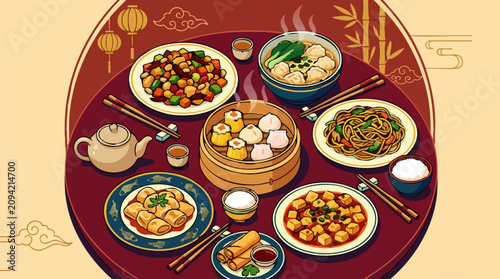 Foto Traditional Chinese Cuisine Banquet Illustration with Dim Sum and Noodles