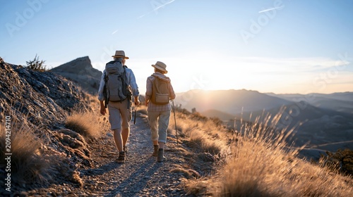 Active older couple hiking in mountains back view on trail fi