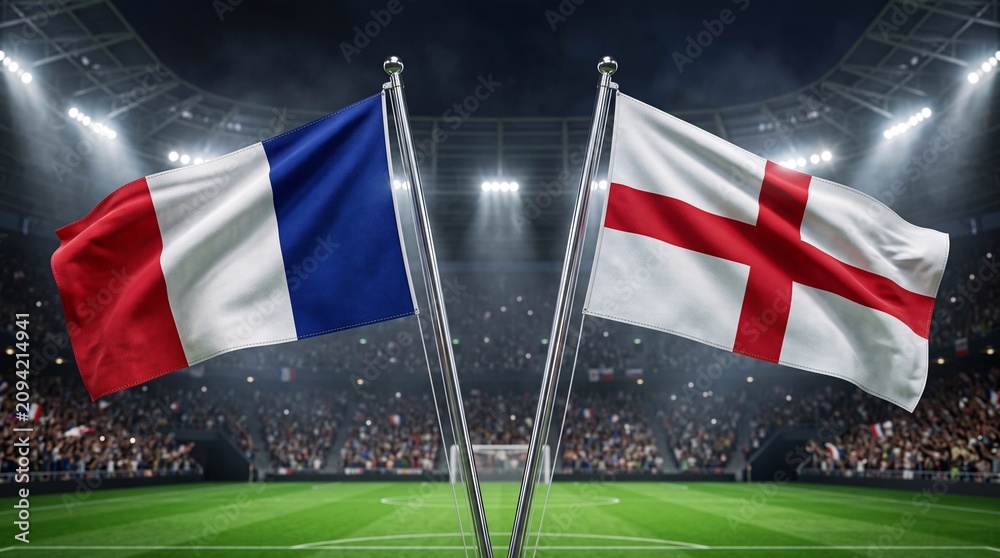 Obraz premium France and England national flags waving in a packed football stadium