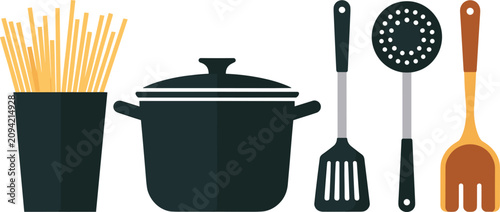 Foto Kitchen cookware and utensil vector set featuring spaghetti pasta cooking pot tu