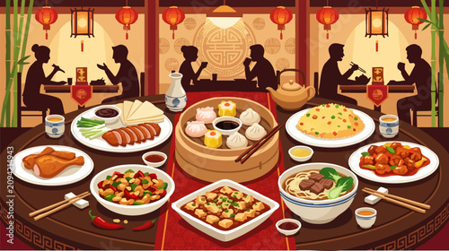 Foto Chinese Restaurant Dining Scene with Assortment of Traditional Dishes