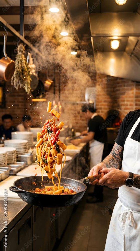 Obraz premium Gnocchi tossed with tomato sauce and steam in energetic restaurant cooking scene