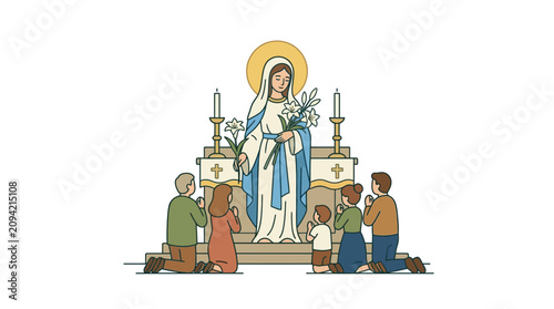 Foto Faithful Praying Before Virgin Mary Statue