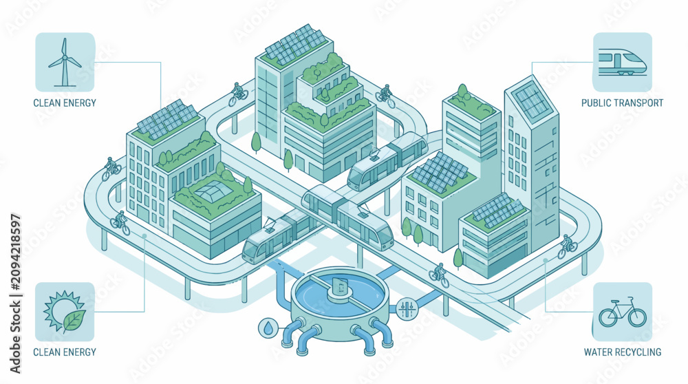 Fototapeta premium Isometric Vector Infographic of Zero Emission Future Green City