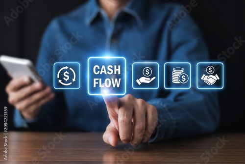 Businessman using smartphone with cash flow financial icons hologram interface