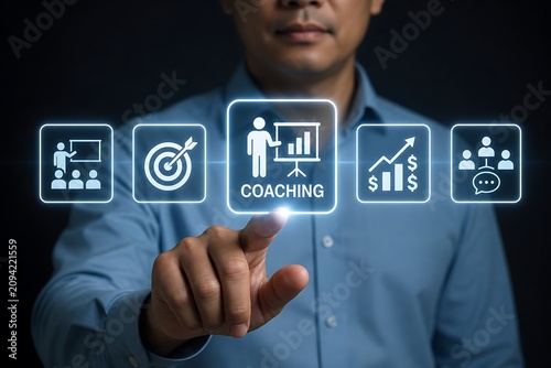 Business coach interacting with digital coaching icons on virtual interface