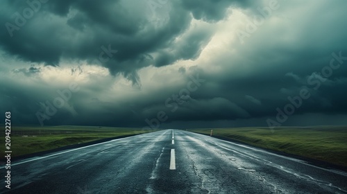 Dramatic storm clouds above empty road, cinematic concept.