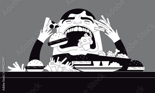 Tableau sur toile man experiencing a binge eating episode while compulsively eating junk food