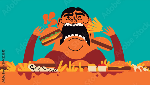Photos man experiencing a binge eating episode while compulsively eating junk food